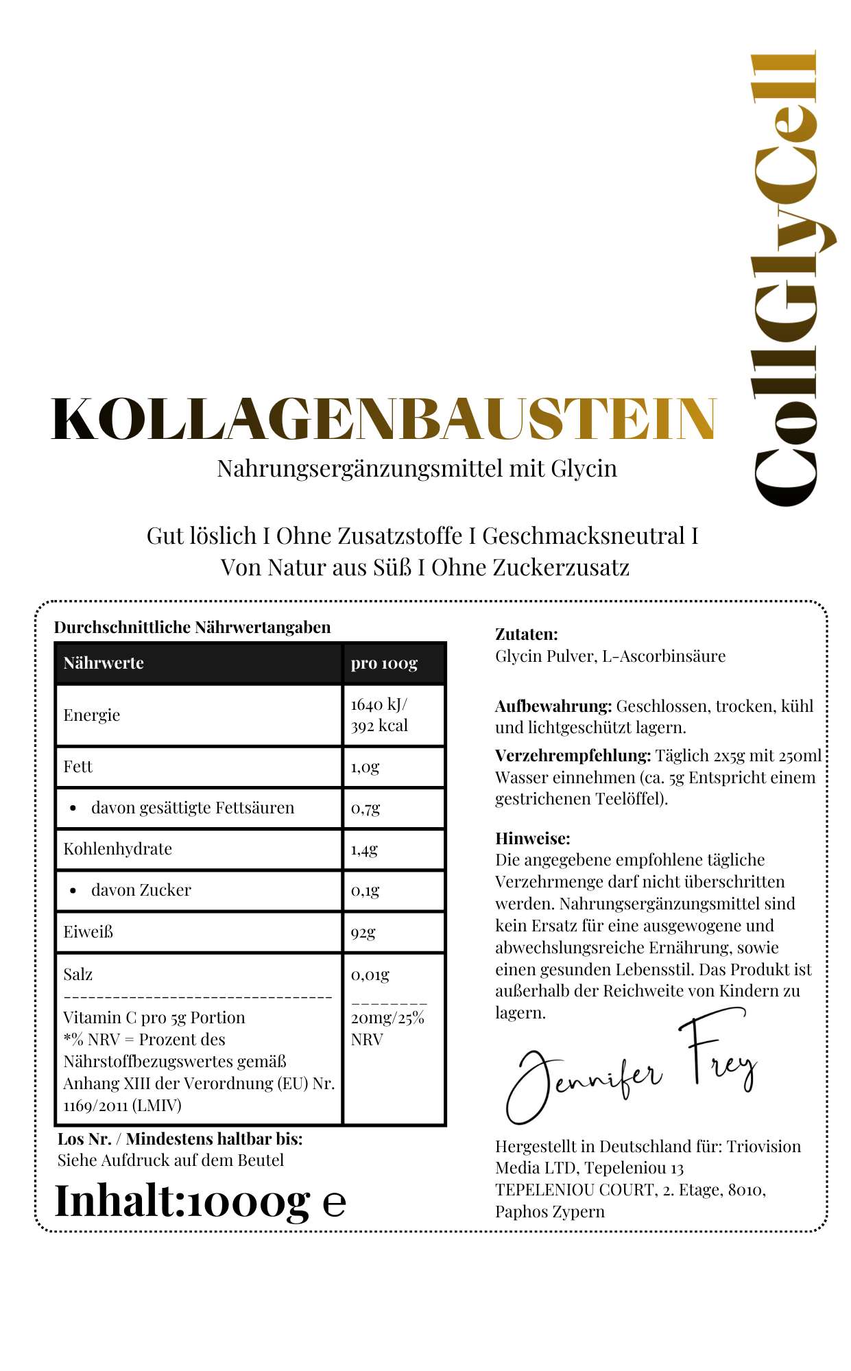 Glycin Pulver 500g - Kollagen-Baustein hochdosiert + Vitamin C - Made in Germany