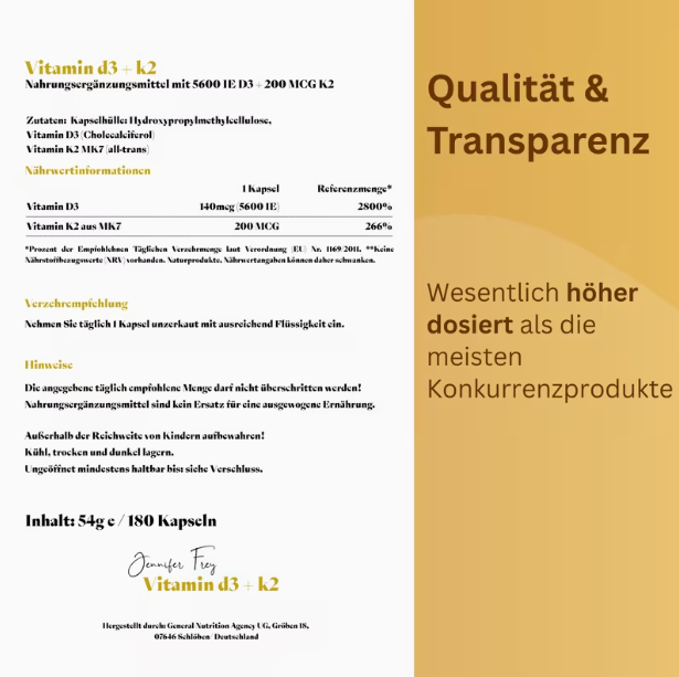 Vitamin D3K2 180 Kapseln hochdosiert und vegan | Je Tagesdosis (1Kapsel): Vitamin D3 140mcg (5600 IE) & Vitamin K2 200 mcg | made in Germany