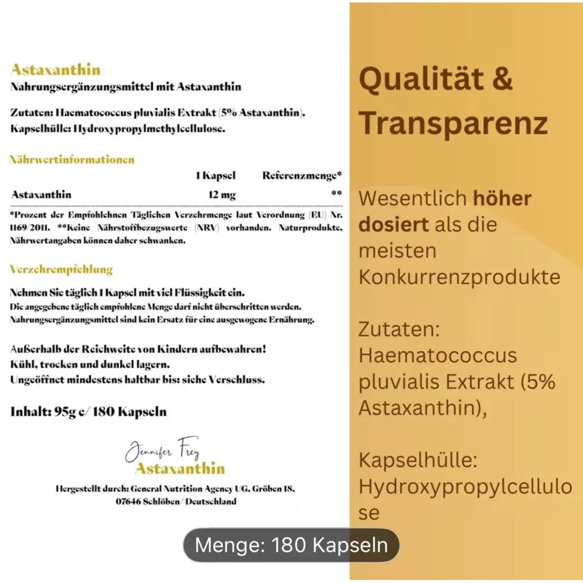 Astaxanthin 180 Kapseln 12mg - Hochdosiert – 180 Tage Vorrat - Vegan