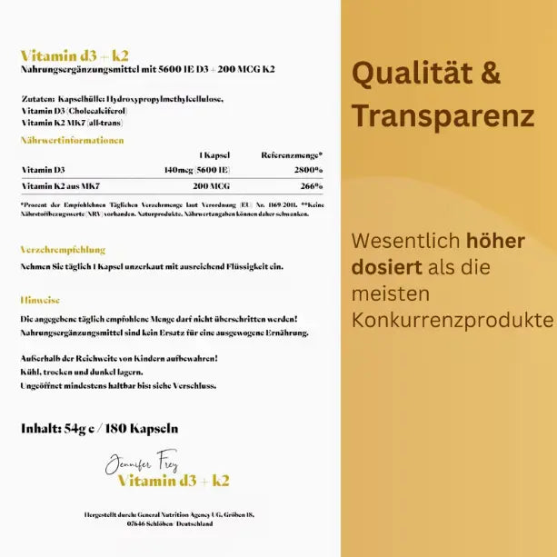 Vitamin D3/K2 – 180 Kapseln hochdosiert | 5.600 IE D3 + 200 mcg K2 | Vegan | Made in Germany