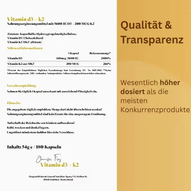Vitamin D3/K2 – 180 Kapseln hochdosiert | 5.600 IE D3 + 200 mcg K2 | Vegan | Made in Germany