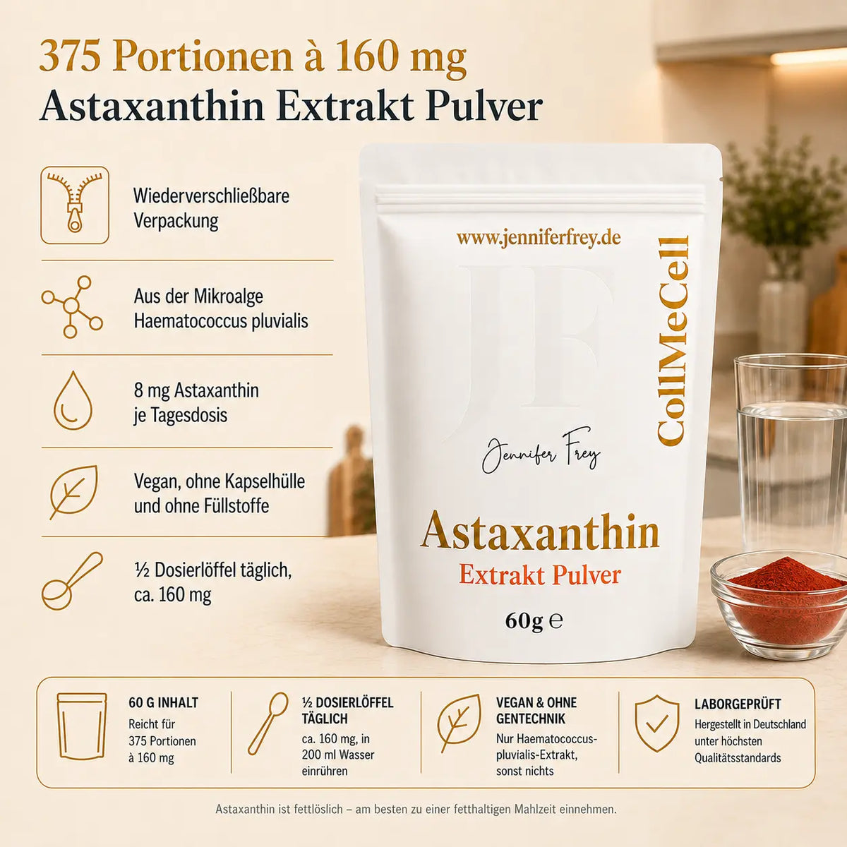 Astaxanthin kaufen – reines Astaxanthin Pulver hochdosiert, 375 Tage Vorrat