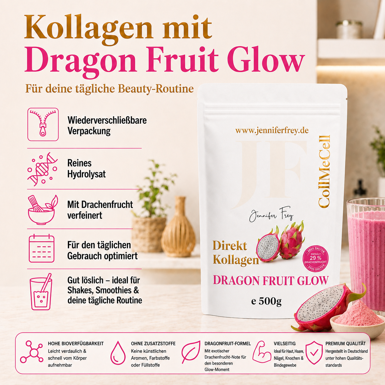 CollMeCell Kollagen Hydrolysat Pulver – Drachenfrucht Jennifer Frey