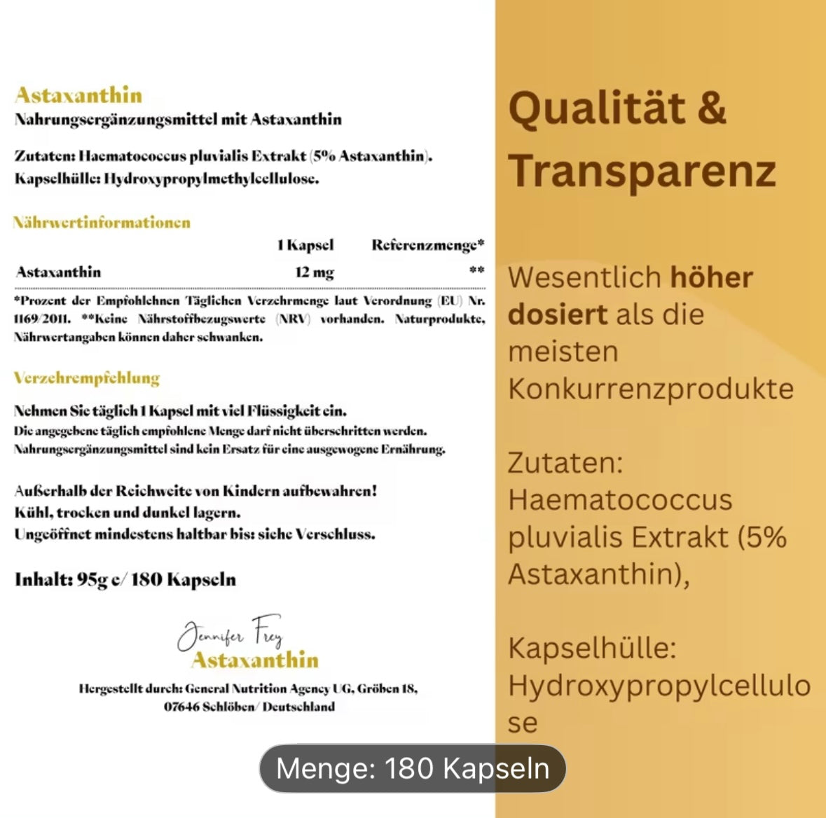 Astaxanthin 180 Kapseln  12mg - Hochdosiert – 180 Tage Vorrat - Vegan