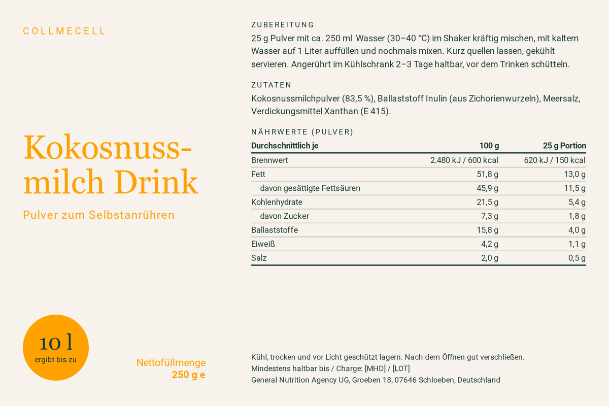 CollMeCell Kokosnussmilch Drink Pulver – 250 g (für 10 Liter) CollMeCell