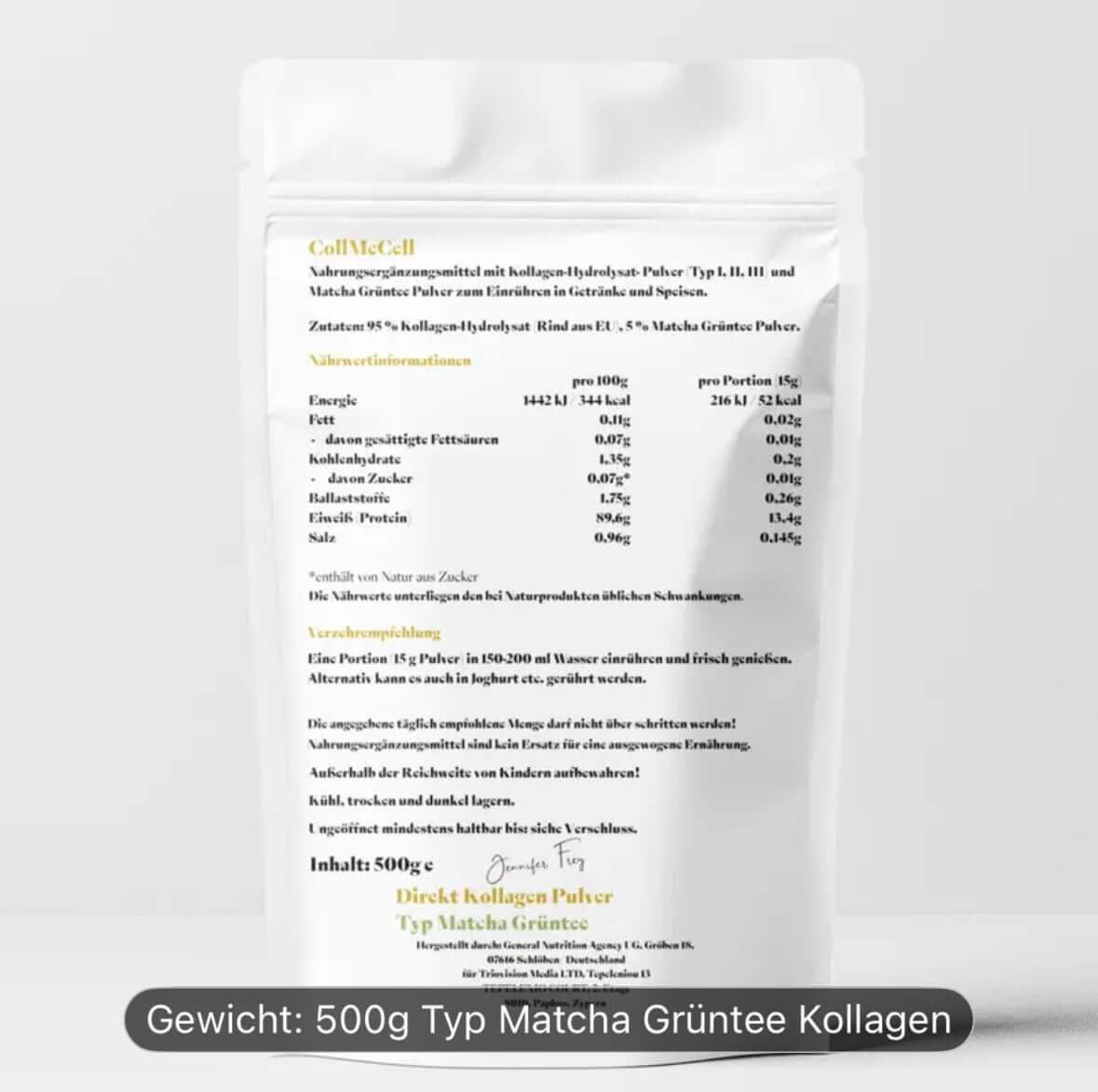 Matcha Kollagen Pulver 500g Premium Qualität made in Germany | 95% Kollagen & 5% Matcha Grüntee Pulver | ohne Süßungsmittel |