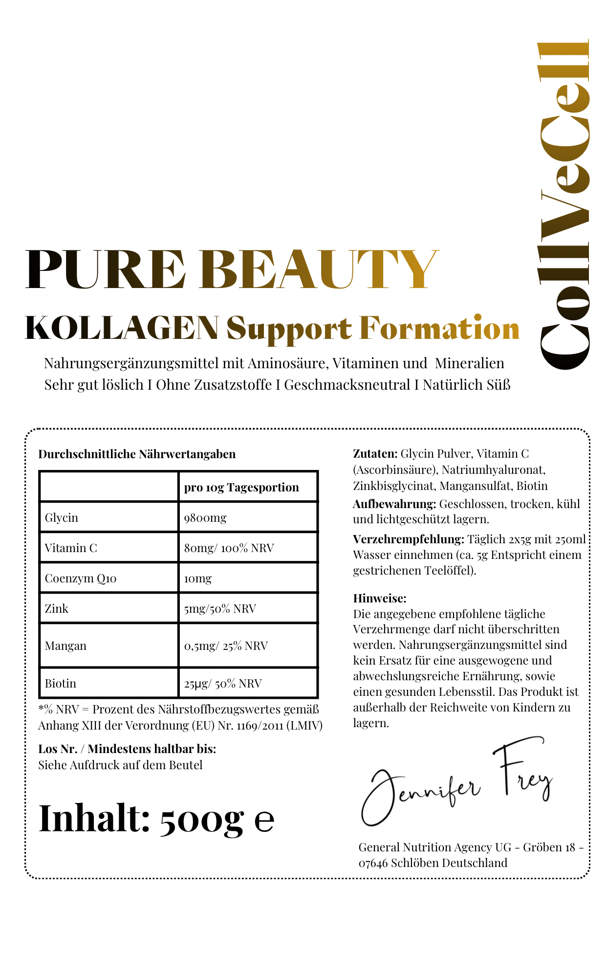 Collagen Premium Support Komplex Pulver 500g – Mit Glycin, Vitamin C, Hyaluronsäure, Zink & Biotin | Vegan | Enthält kein Kollagen