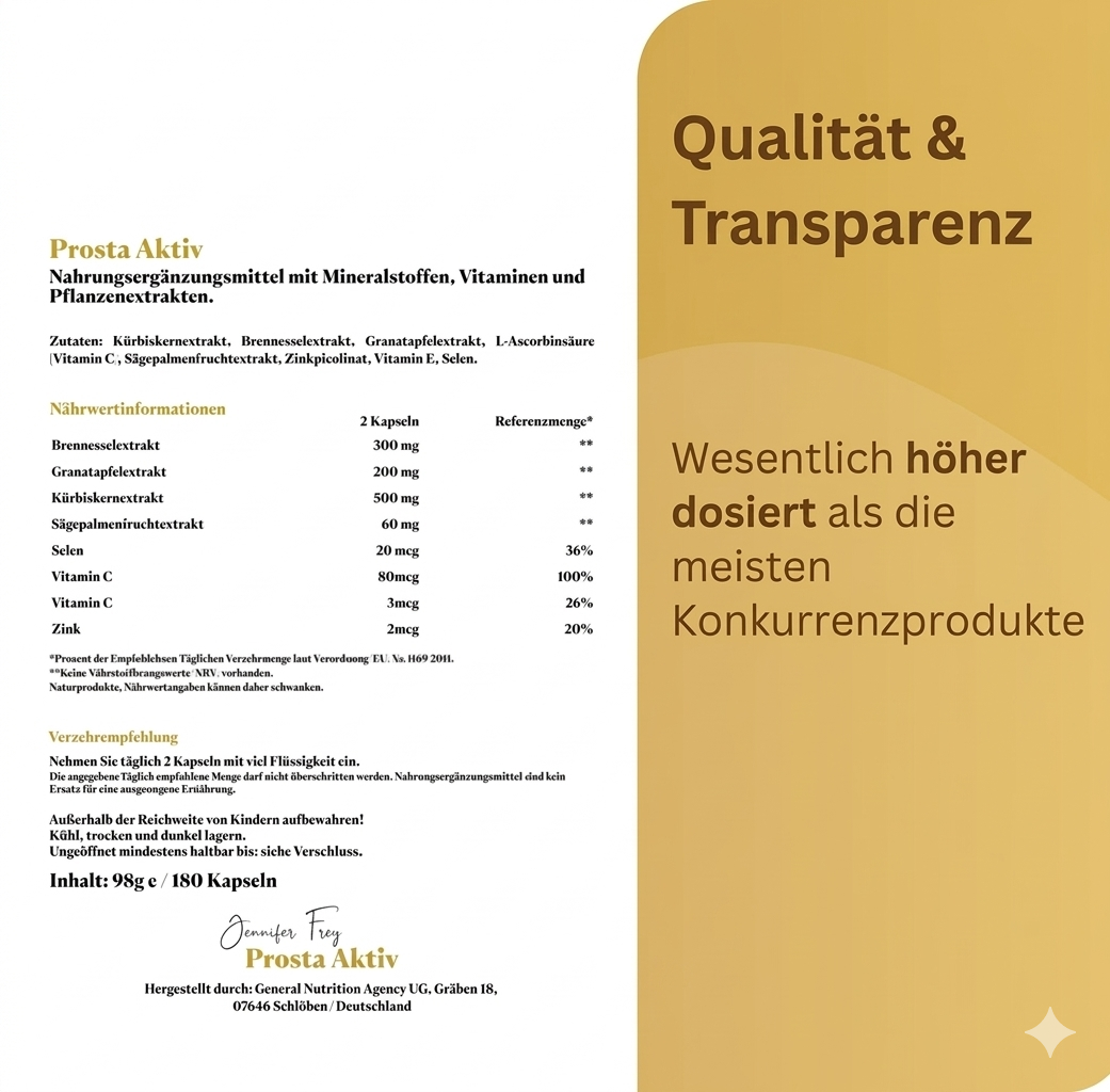 Prosta Komplex – 120 Kapseln hochdosiert | Sägepalme, Kürbiskern, Brennnessel, Vitamin E, Zink, Selen