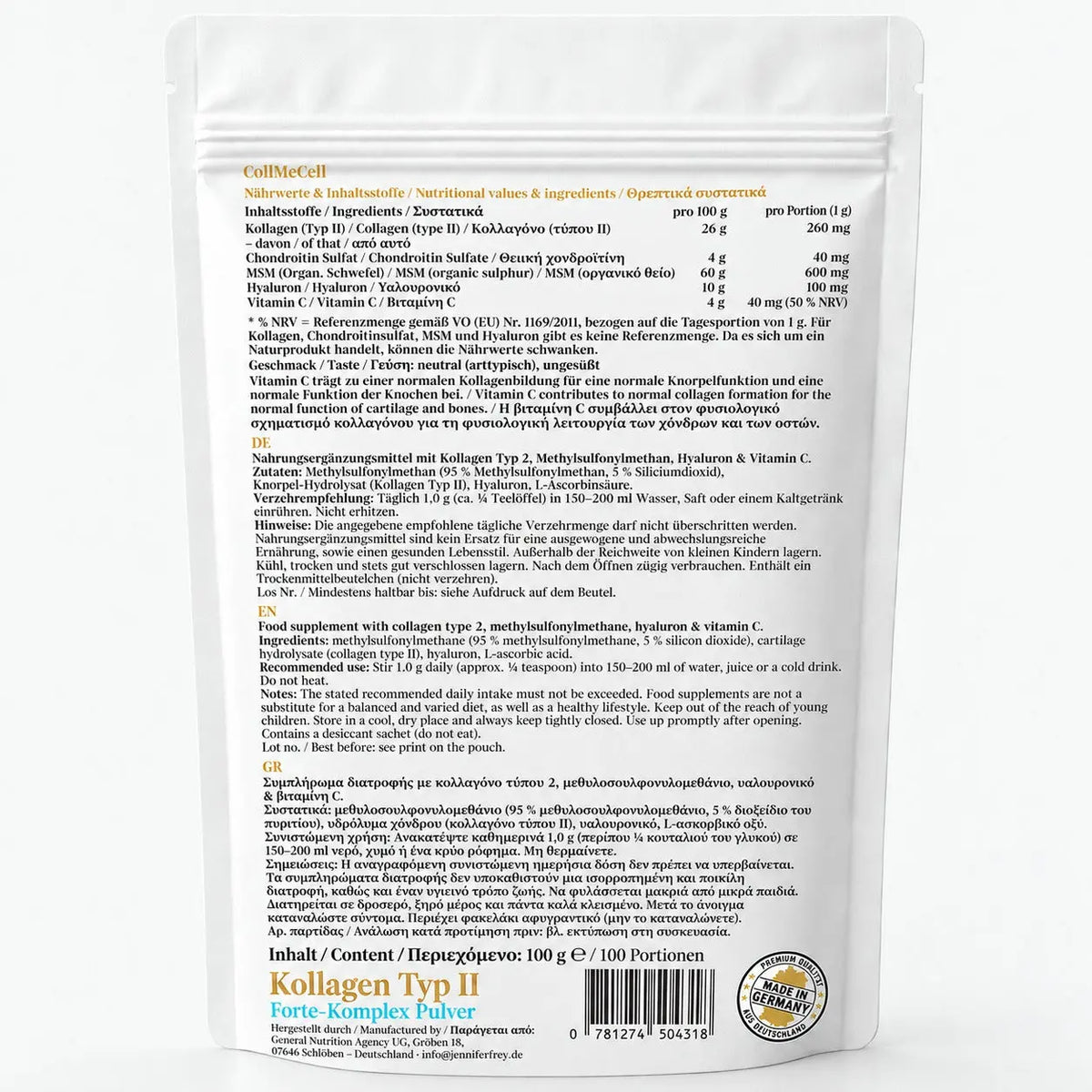 CollMeCell Collagen Matrix FORTE MATRIX – Kollagen Typ II + MSM + Hyaluron + Vitamin C