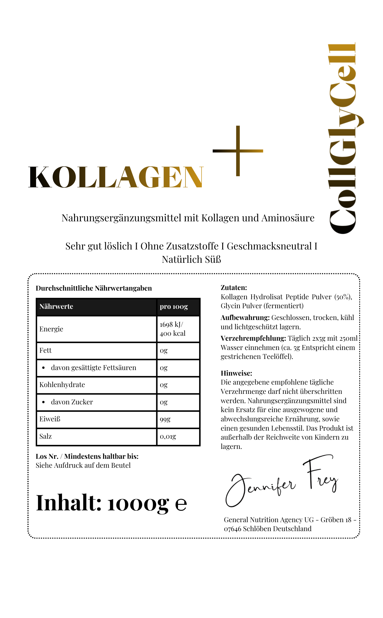 Original Kollagen+ Hydrolysat Peptide  plus Extra Kollagenbaustein Glycin – Natürlich Süßes und Geschmacksneutrales Eiweißpulver – Made in Germany – gut löslich Kollagen + Kollagenbaustein Glycin