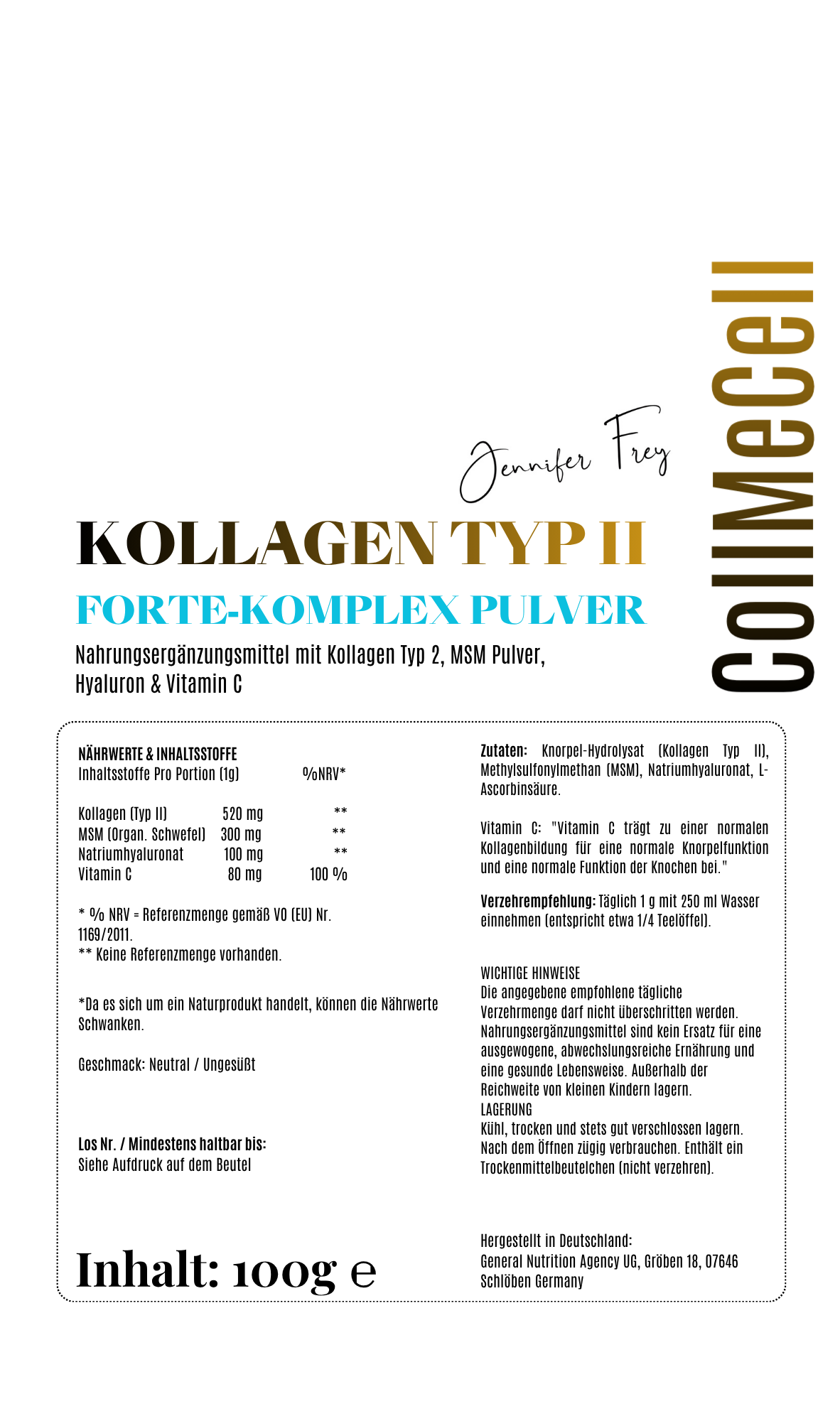 CollMeCell Kollagen Typ II Knorpel-Gelenk-Komplex Pulver + MSM + Hyaluron + Vitamin C