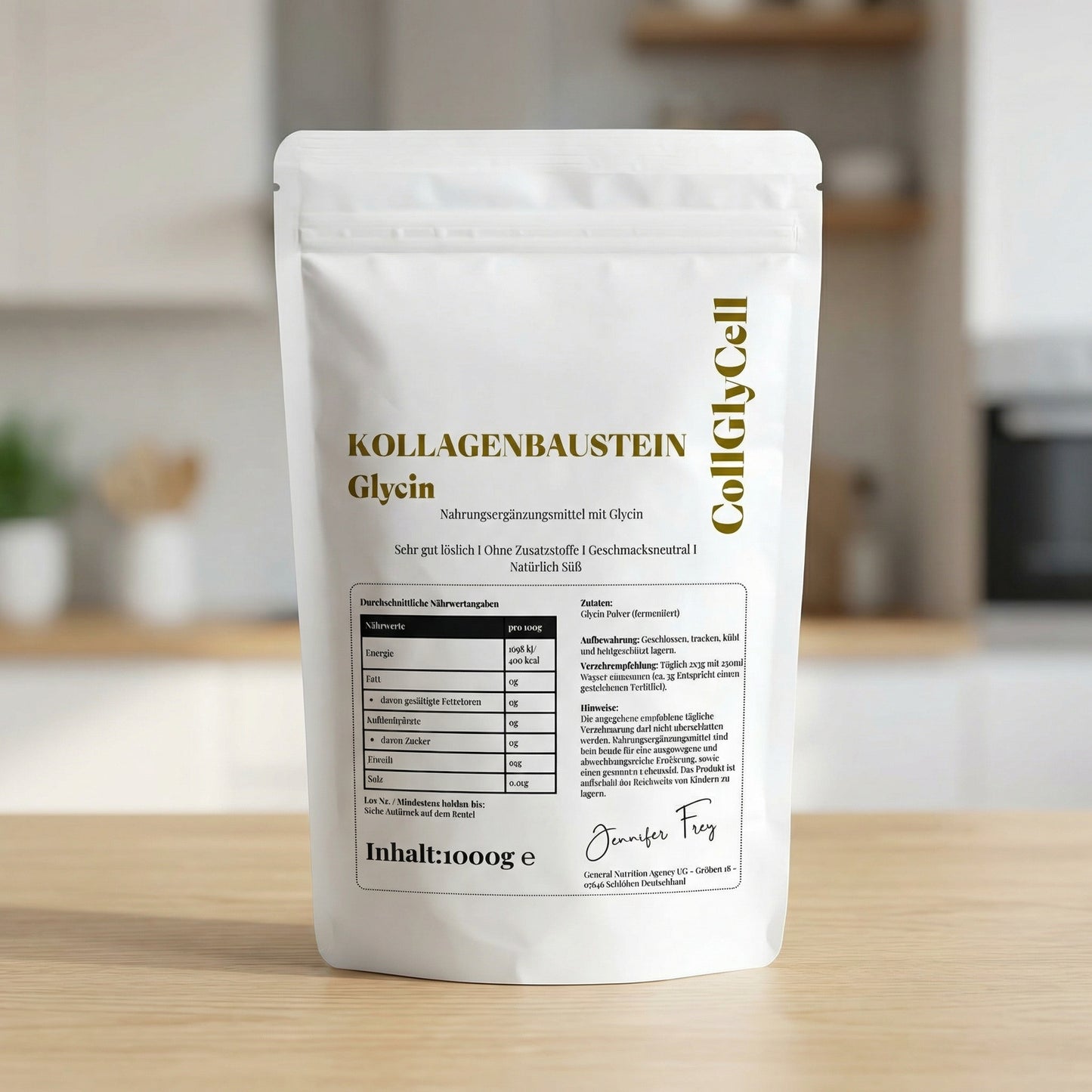 Glycin Pulver 500g - Kollagen-Baustein hochdosiert + Vitamin C - Made in Germany