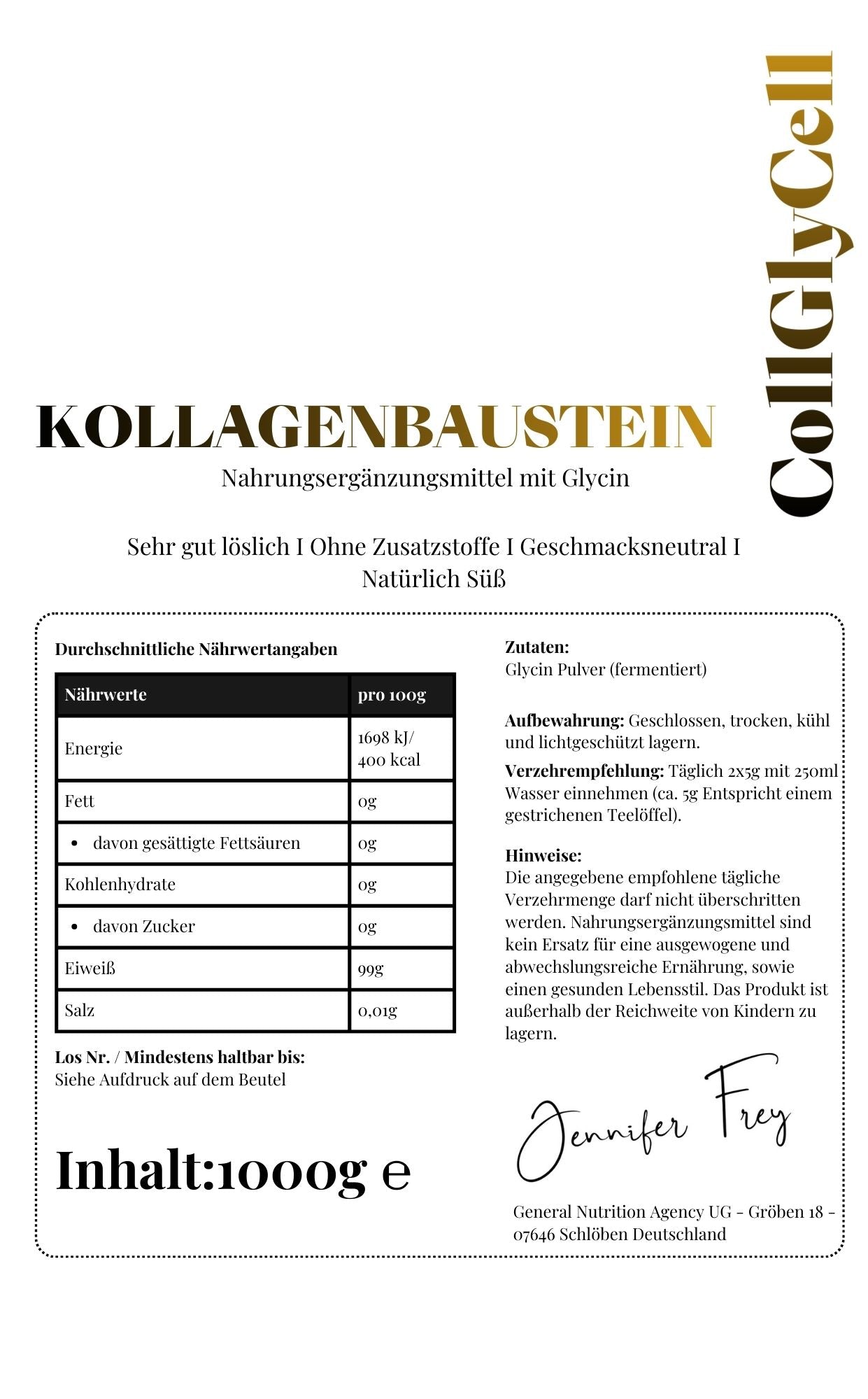 Natürlicher Kollagen-Baustein Glycin I Qualität made in Germany | hochdosiert | laborgeprüft | gute Löslichkeit. Natürlich Süß