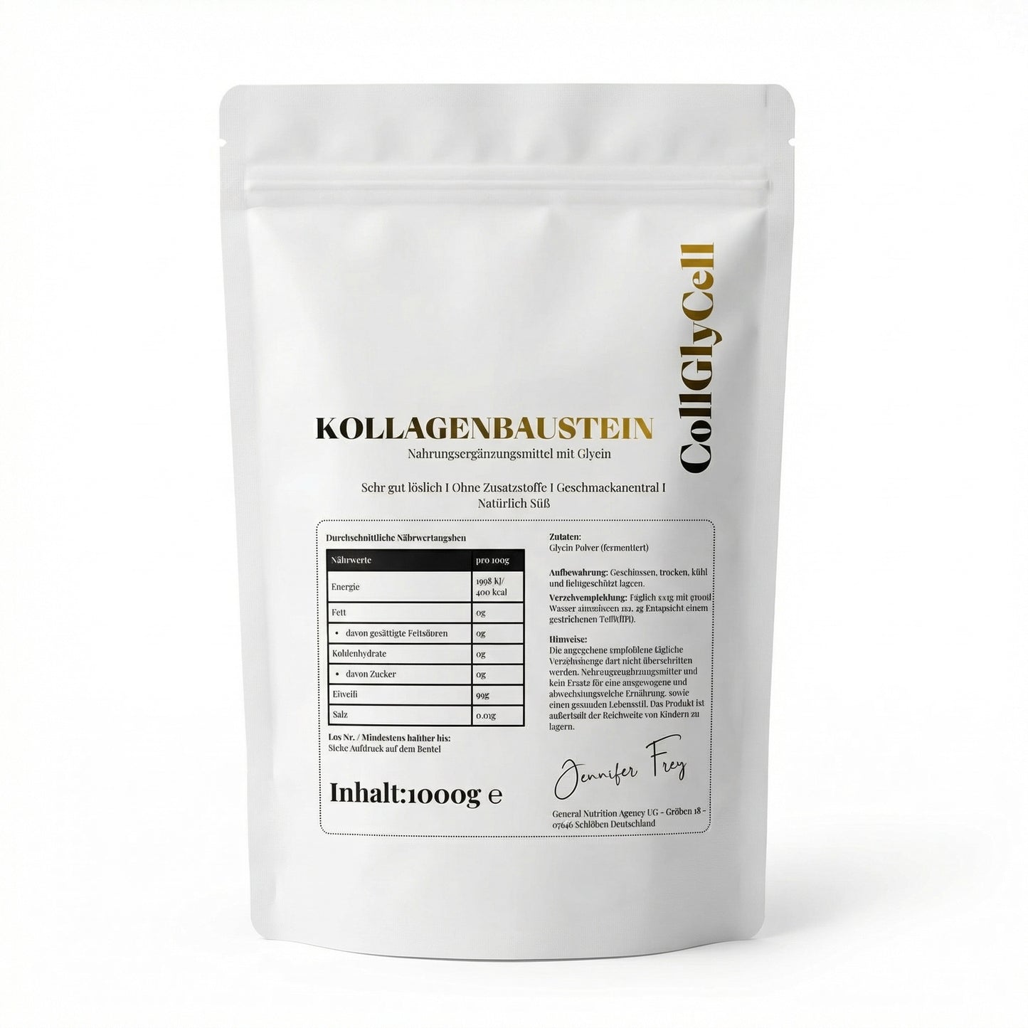 Glycin Pulver 500g - Kollagen-Baustein hochdosiert + Vitamin C - Made in Germany