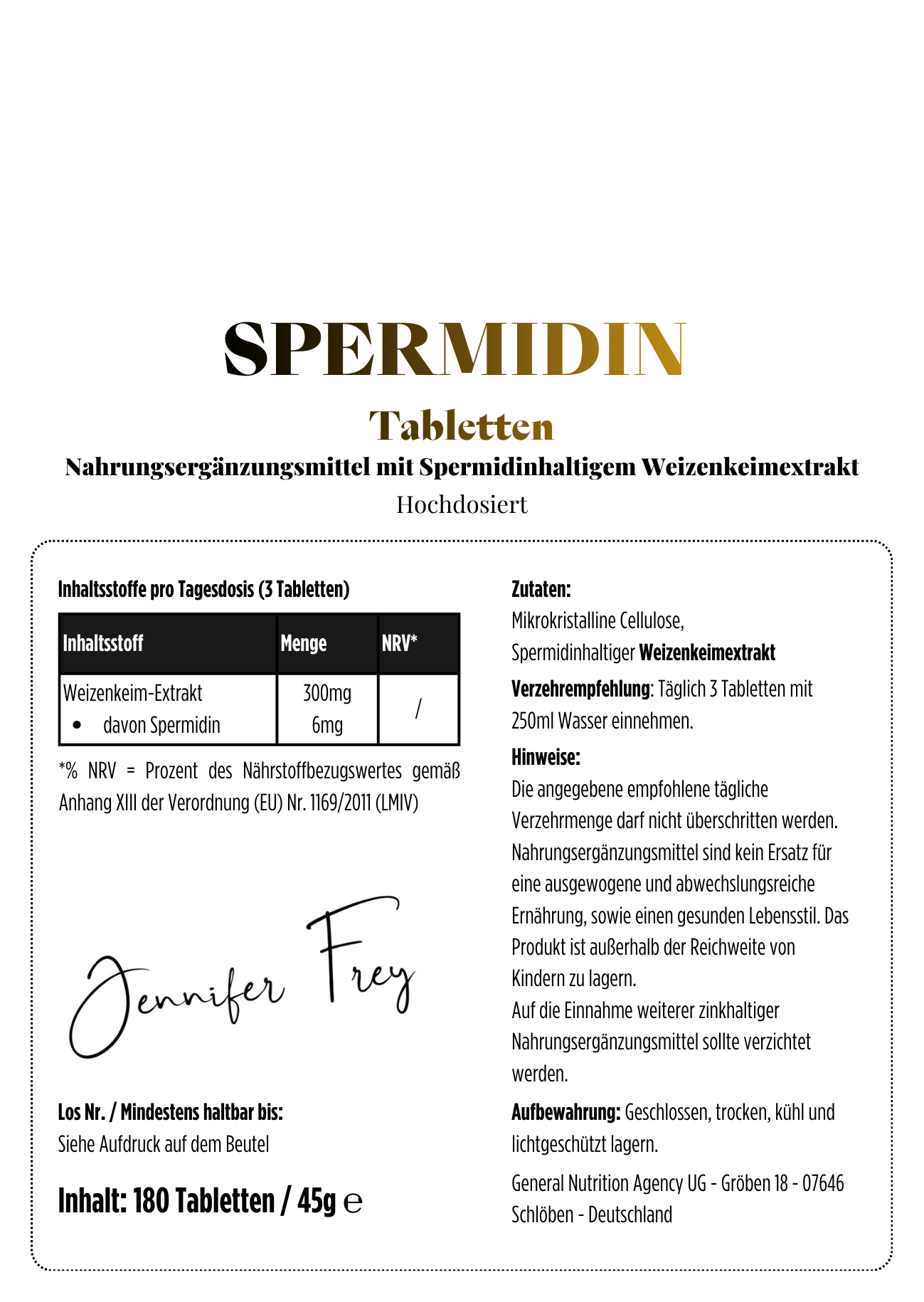 180 Spermidin Tabletten 6,0 mg Spermidin pro Tagesdosis I für deine tägliche Ergänzung. 100% vegan - laborgeprüfte Qualität I Made in Germany