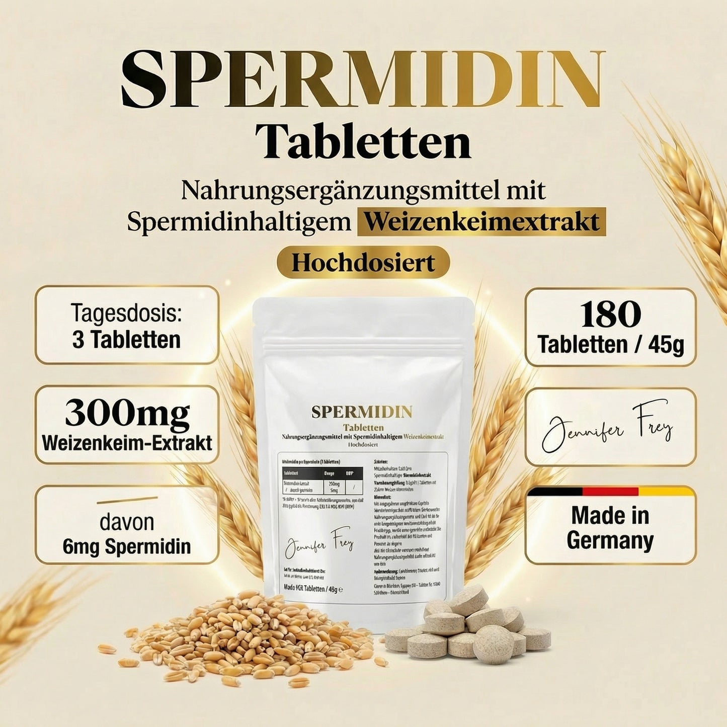 180 Spermidin Tabletten 6,0 mg Spermidin pro Tagesdosis I für deine tägliche Ergänzung. 100% vegan - laborgeprüfte Qualität I Made in Germany