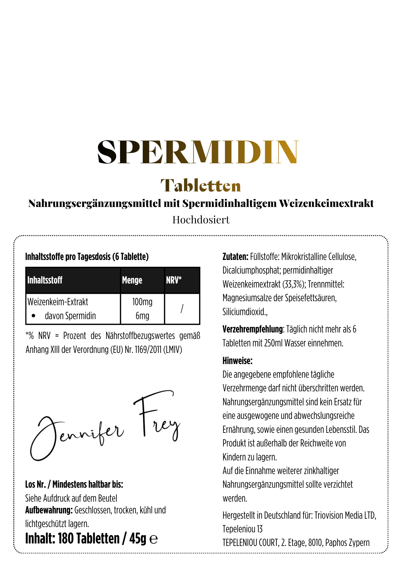 180 Spermidin Tabletten 6,0 mg Spermidin pro Tagesdosis I für deine tägliche Ergänzung.
