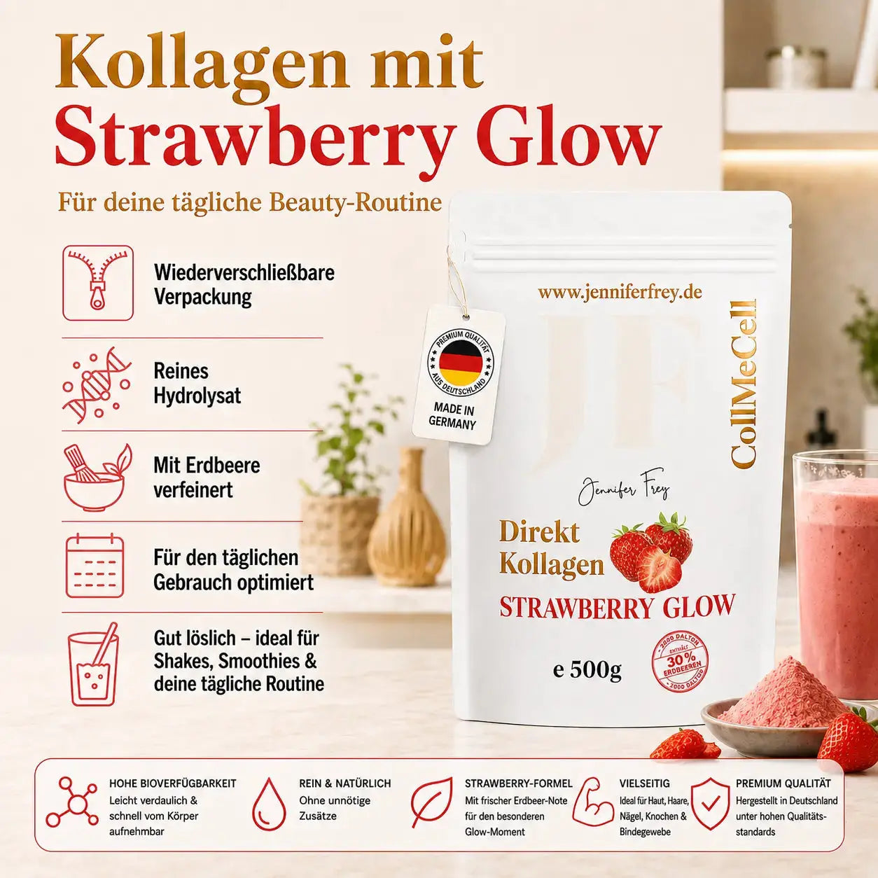 CollMeCell Kollagen-Hydrolysat-Peptidpulver Erdbeer Smoothie Jennifer Frey
