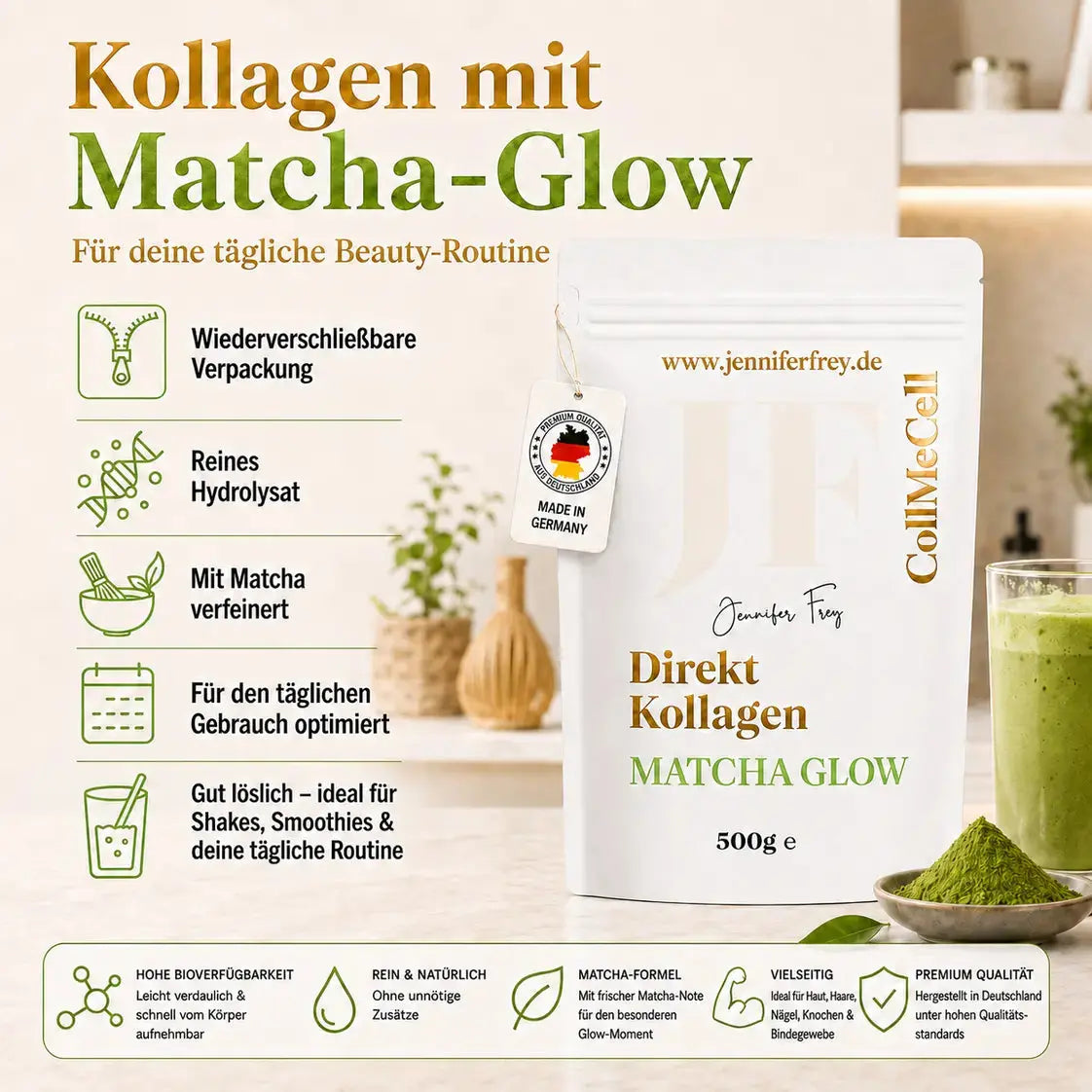 CollMeCell Matcha Glow Direktes Kollagenhydrolysat Peptide Jennifer Frey