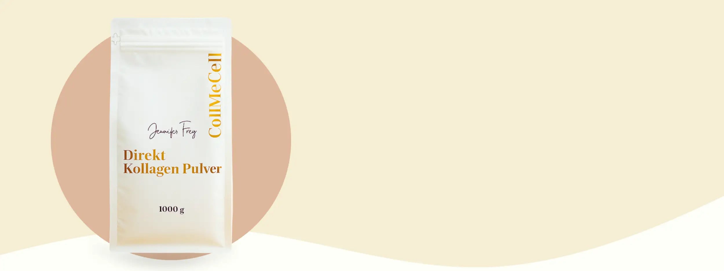 Eine elegante weiße, wiederverschließbare Tüte mit Collincell Direct Kollagenpulver, mit stilvollen goldenen Schriftzügen und einem minimalistischen Design.