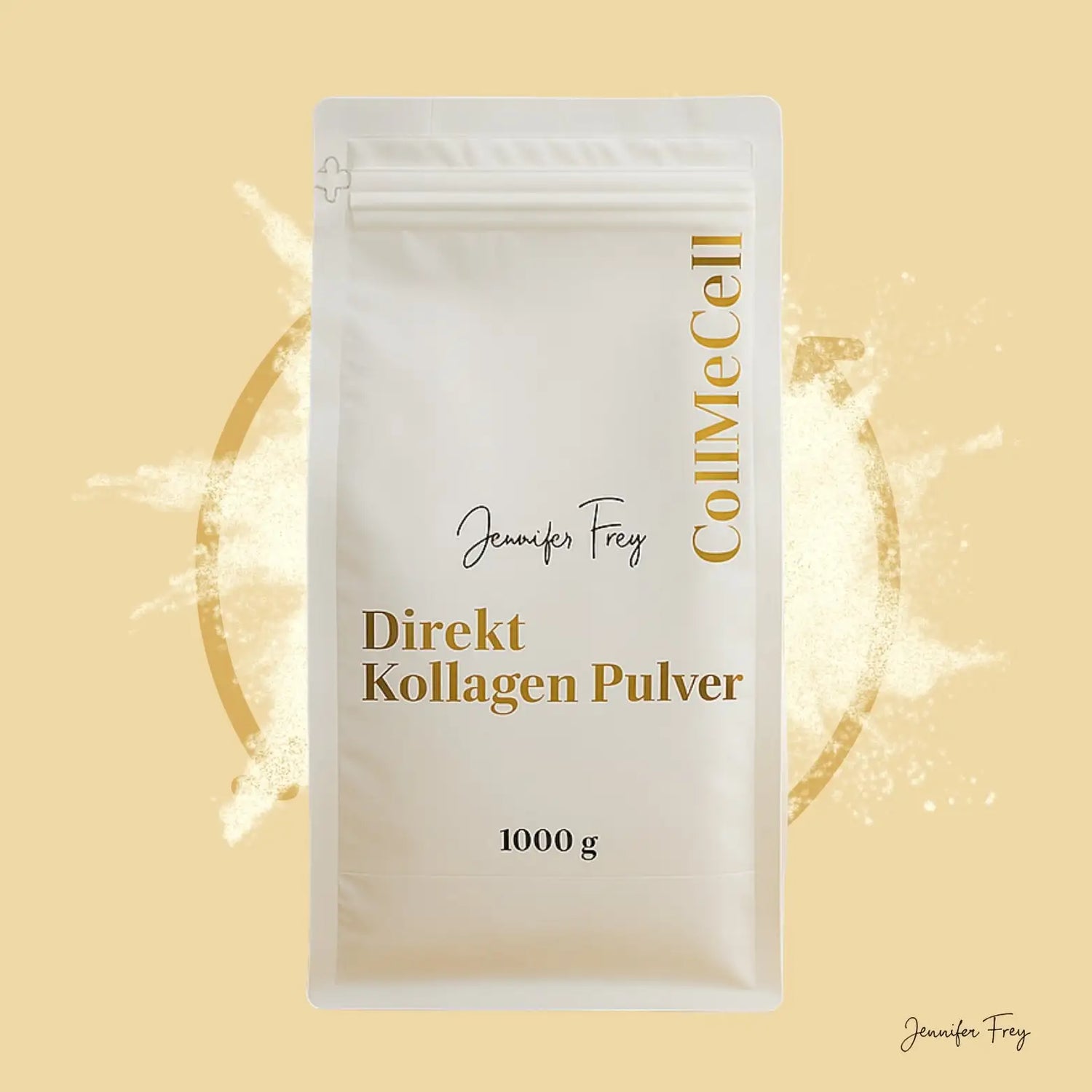 Eine elegante weiße wiederverschließbare Tüte mit Kollmecell-Direkt-Kollagenpulver, mit stilvollen goldenen Schriftzügen und einem minimalistischen Design.