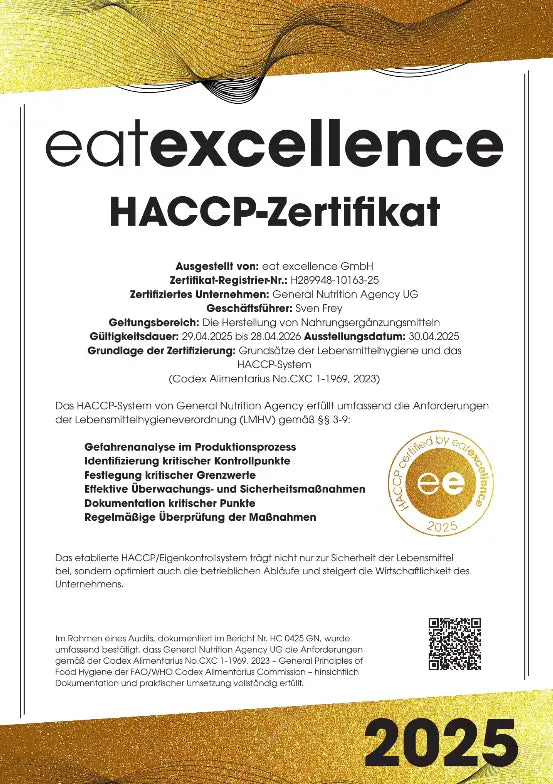 Goldgerahmtes „eatexcellence“-HACCP-Zertifikat mit schwarzem Text und einem runden Siegel.