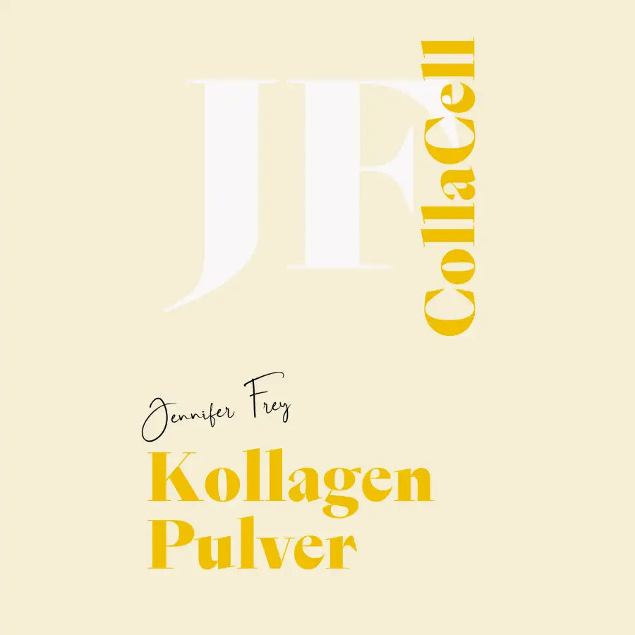 Jennifer Frey Collacell Kollagenpulver-Verpackung mit einem minimalistischen Design: kräftiger gelber Text auf einem sanften Cremefarbton.
