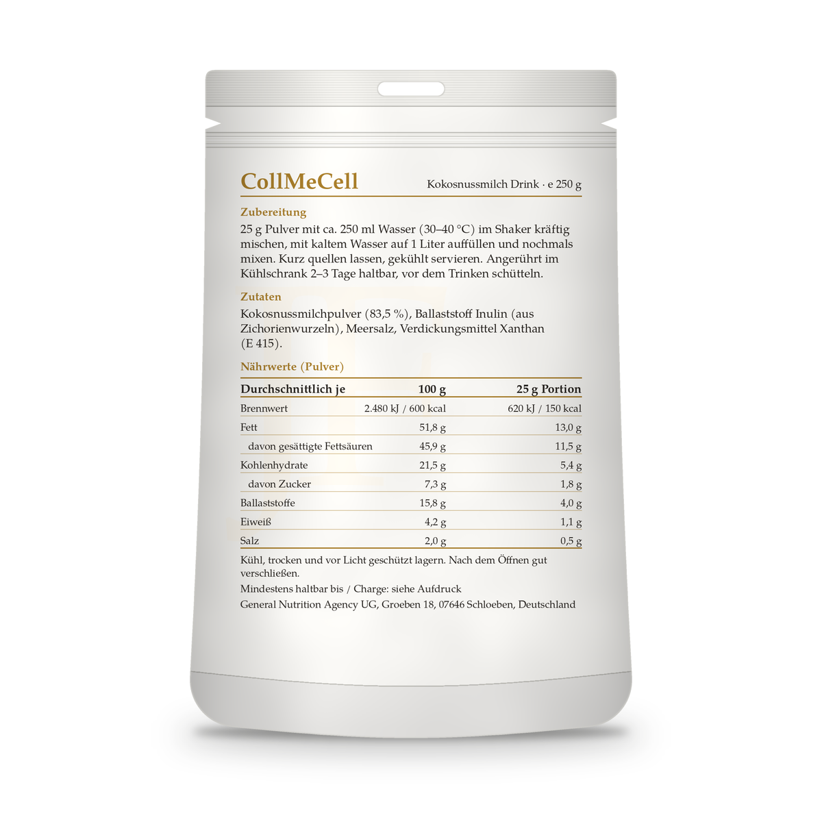 CollMeCell Kokosnussmilch Drink Pulver – 250 g (für 10 Liter) CollMeCell