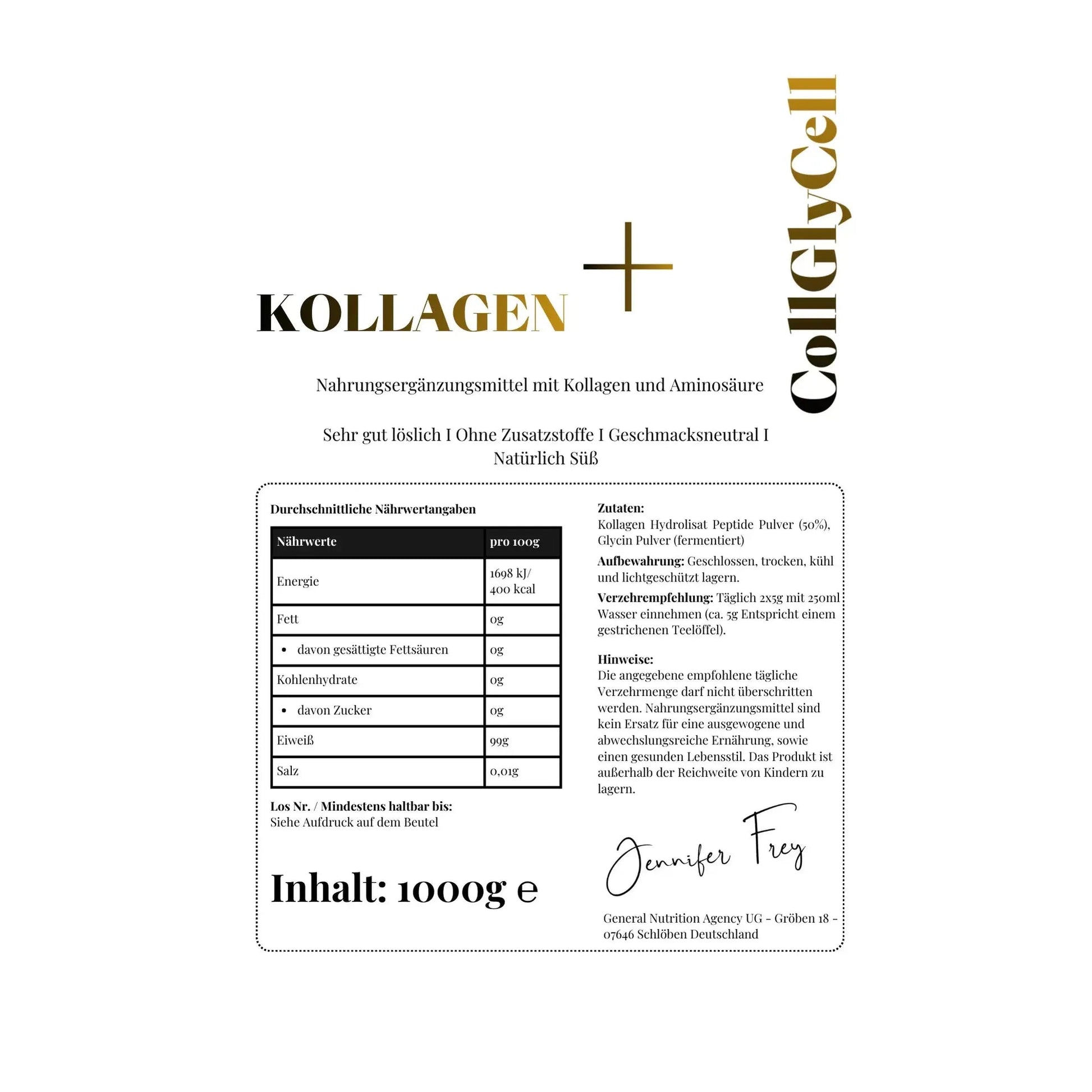 Kollagen + Glycin Pulver 1000g – Natürlich Süß Ohne Zucker | Jennifer Frey
