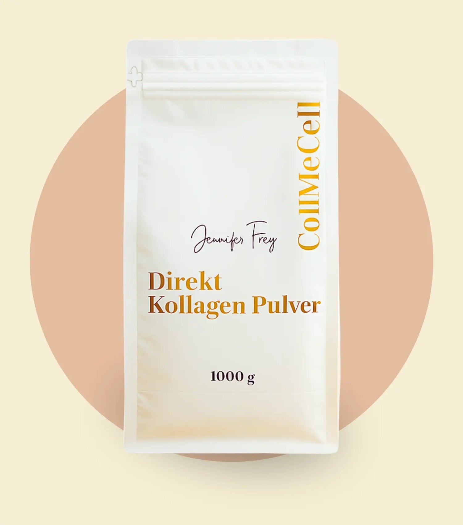 Weiße wiederverschließbare Tüte mit Colmecell-Direkt-Kollagenpulver von Jennifer Frey, 1000 g.