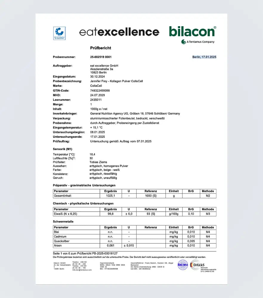 Weißes Papierskript mit schwarzem Text, mit den Logos „eat excellence“ und „bilacon® a tentamus company“ oben.