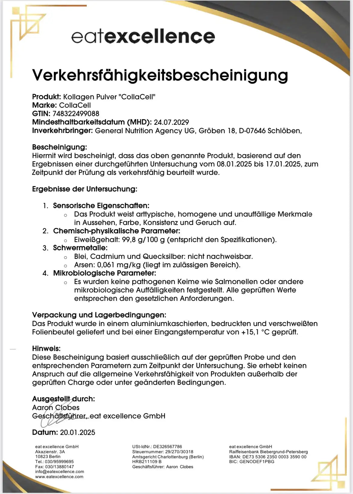 Whitepaper-Zertifikat mit schwarzem Text und goldenen Akzenten, mit dem „eatexcellence“-Logo oben
