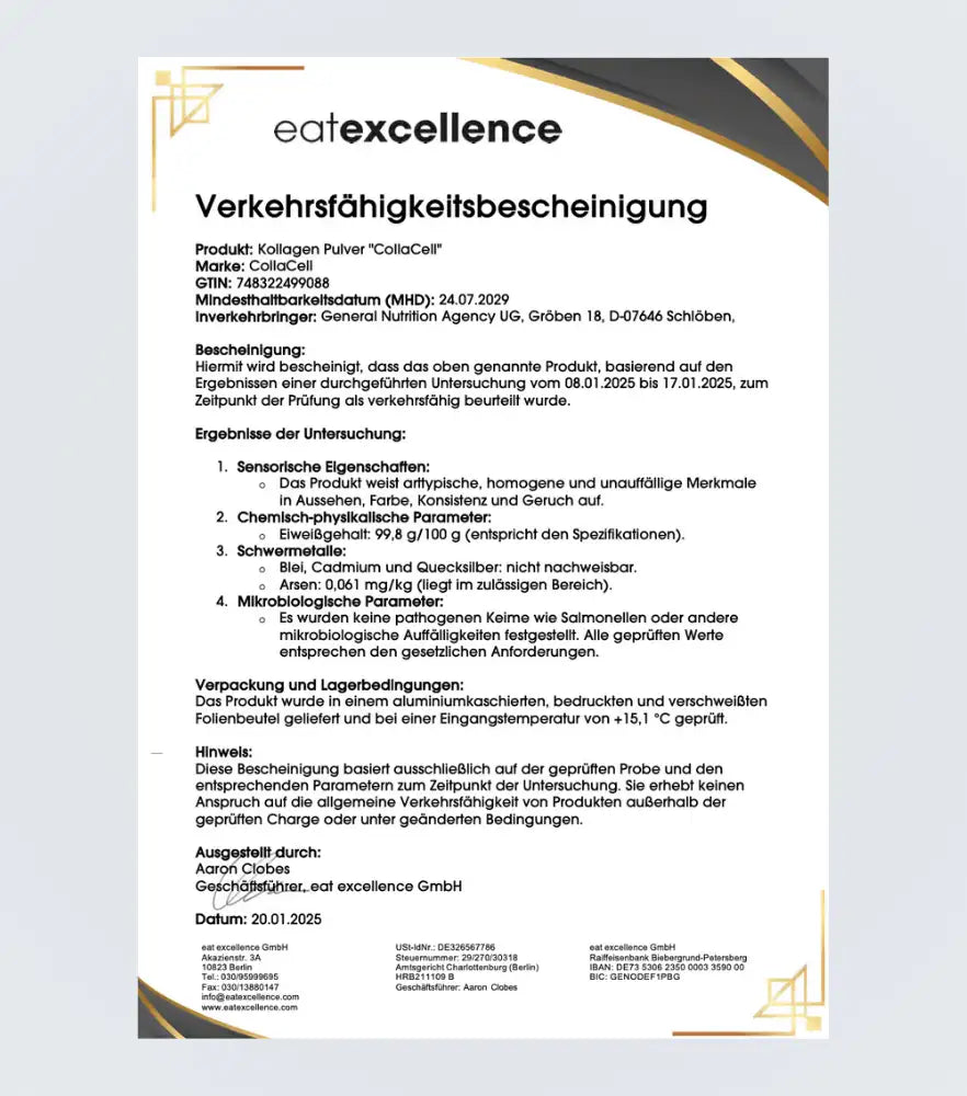 Zertifikat für ein White Paper mit goldenen und schwarzen Zierelementen, mit deutschem Text von „eat excellence“ zu einem Kollagenpulverprodukt namens „collacell“.